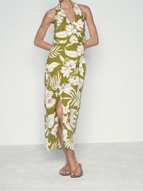 Zara Dresses & Skirts - Zara Olive Green Floral Halter Midi Dress